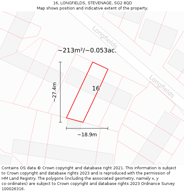 16, LONGFIELDS, STEVENAGE, SG2 8QD: Plot and title map