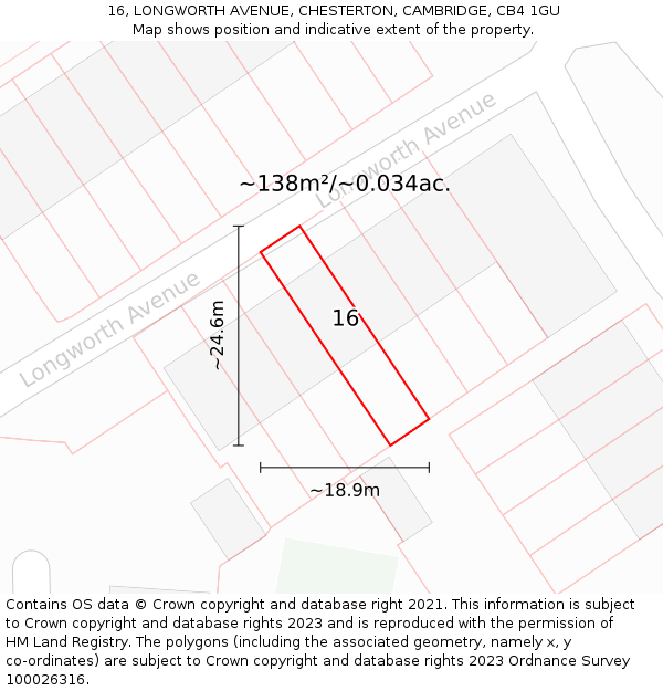 16, LONGWORTH AVENUE, CHESTERTON, CAMBRIDGE, CB4 1GU: Plot and title map