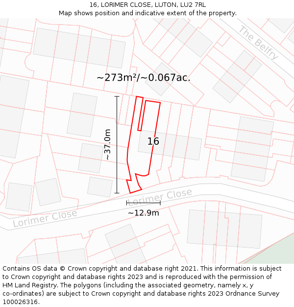 16, LORIMER CLOSE, LUTON, LU2 7RL: Plot and title map