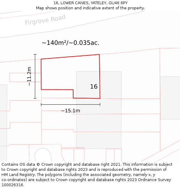 16, LOWER CANES, YATELEY, GU46 6PY: Plot and title map