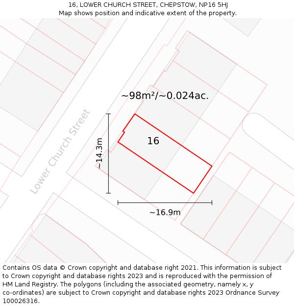 16, LOWER CHURCH STREET, CHEPSTOW, NP16 5HJ: Plot and title map