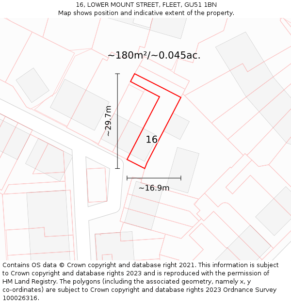 16, LOWER MOUNT STREET, FLEET, GU51 1BN: Plot and title map