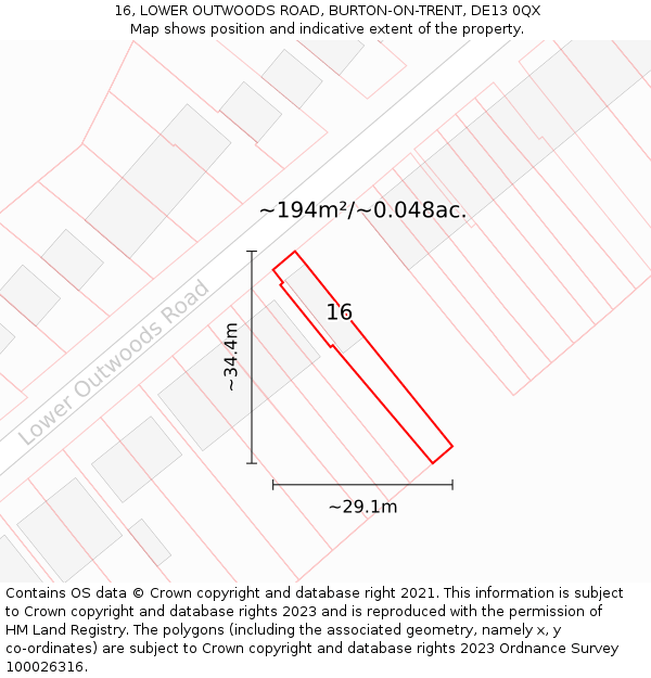 16, LOWER OUTWOODS ROAD, BURTON-ON-TRENT, DE13 0QX: Plot and title map