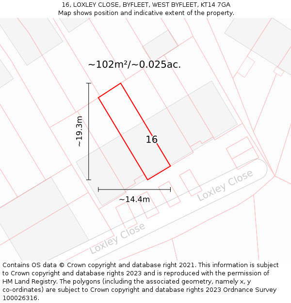 16, LOXLEY CLOSE, BYFLEET, WEST BYFLEET, KT14 7GA: Plot and title map