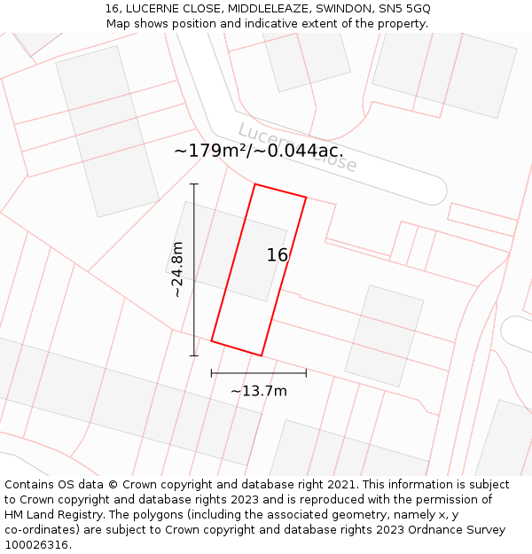 16, LUCERNE CLOSE, MIDDLELEAZE, SWINDON, SN5 5GQ: Plot and title map
