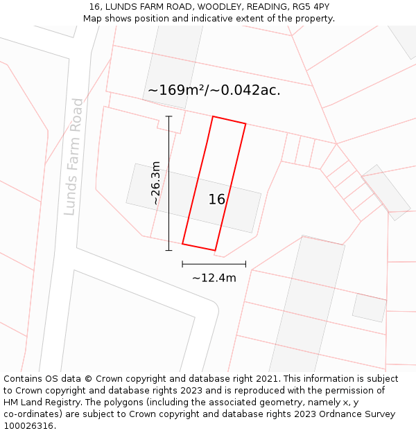 16, LUNDS FARM ROAD, WOODLEY, READING, RG5 4PY: Plot and title map