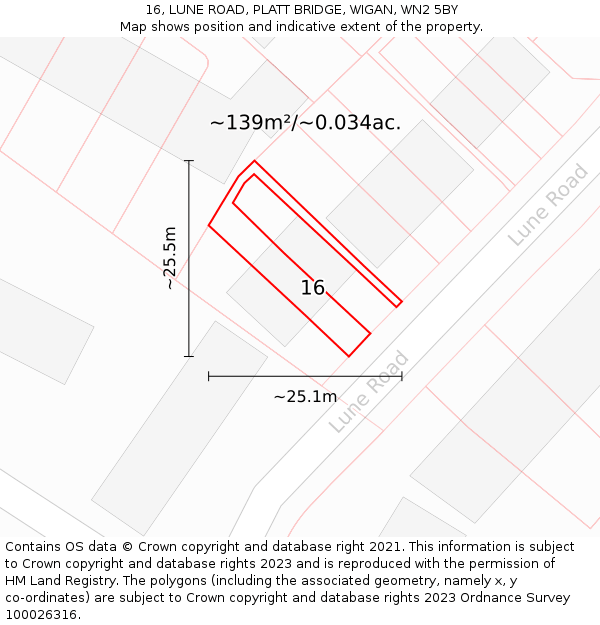 16, LUNE ROAD, PLATT BRIDGE, WIGAN, WN2 5BY: Plot and title map