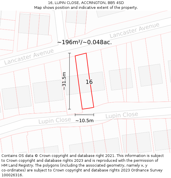 16, LUPIN CLOSE, ACCRINGTON, BB5 4SD: Plot and title map