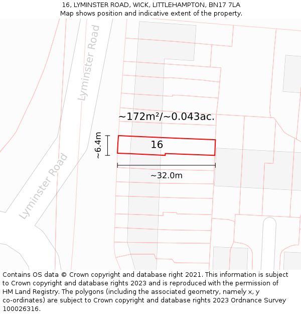 16, LYMINSTER ROAD, WICK, LITTLEHAMPTON, BN17 7LA: Plot and title map