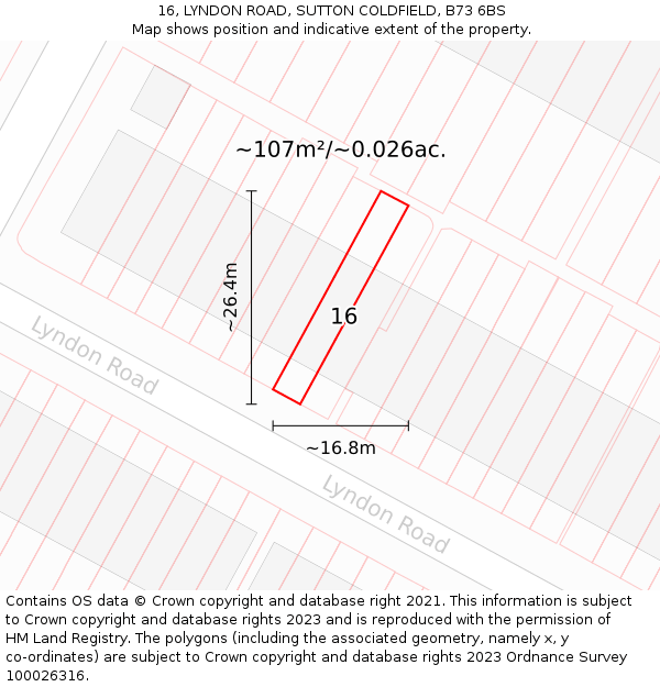 16, LYNDON ROAD, SUTTON COLDFIELD, B73 6BS: Plot and title map