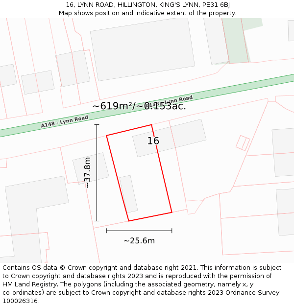 16, LYNN ROAD, HILLINGTON, KING'S LYNN, PE31 6BJ: Plot and title map