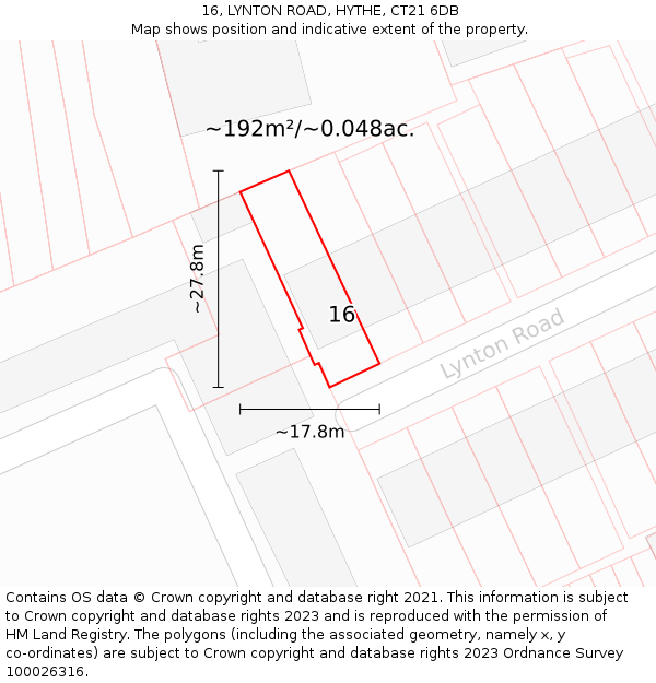 16, LYNTON ROAD, HYTHE, CT21 6DB: Plot and title map