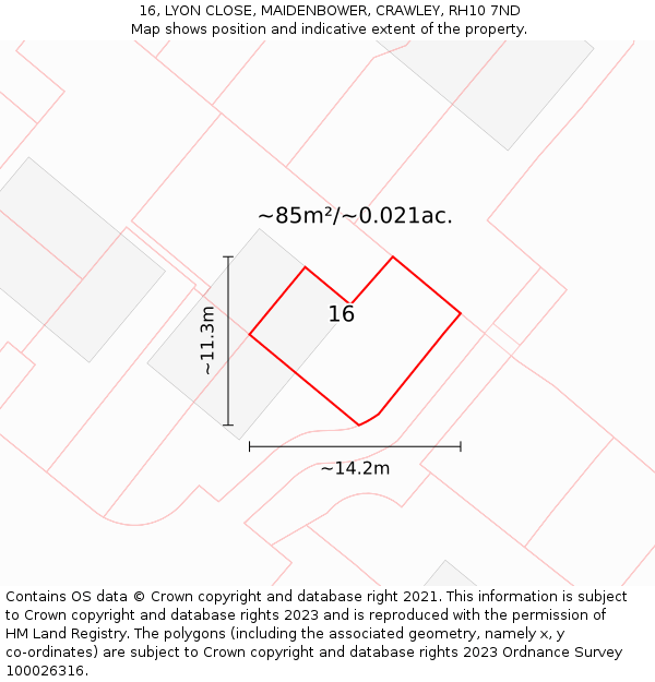 16, LYON CLOSE, MAIDENBOWER, CRAWLEY, RH10 7ND: Plot and title map