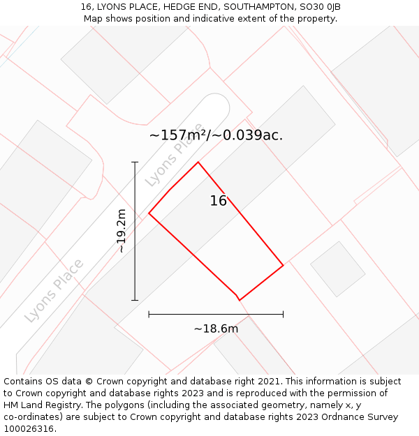 16, LYONS PLACE, HEDGE END, SOUTHAMPTON, SO30 0JB: Plot and title map