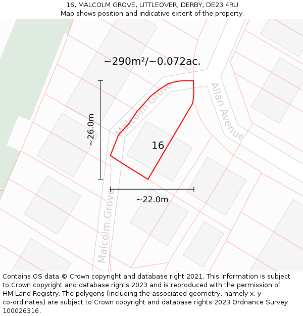 16, MALCOLM GROVE, LITTLEOVER, DERBY, DE23 4RU: Plot and title map