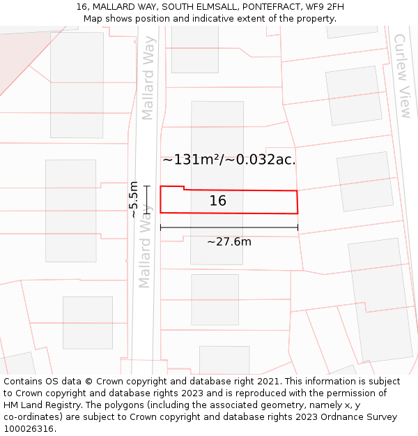 16, MALLARD WAY, SOUTH ELMSALL, PONTEFRACT, WF9 2FH: Plot and title map