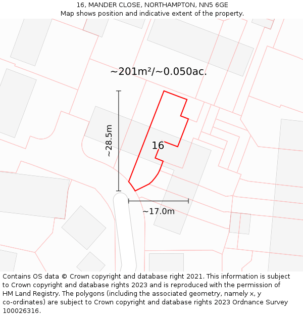 16, MANDER CLOSE, NORTHAMPTON, NN5 6GE: Plot and title map