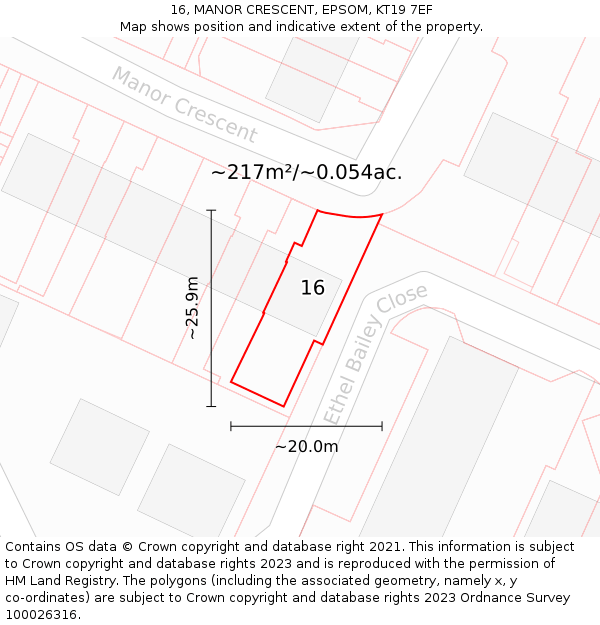 16, MANOR CRESCENT, EPSOM, KT19 7EF: Plot and title map