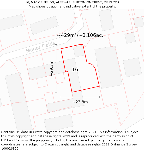 16, MANOR FIELDS, ALREWAS, BURTON-ON-TRENT, DE13 7DA: Plot and title map