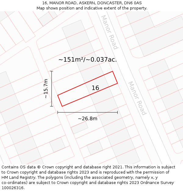 16, MANOR ROAD, ASKERN, DONCASTER, DN6 0AS: Plot and title map