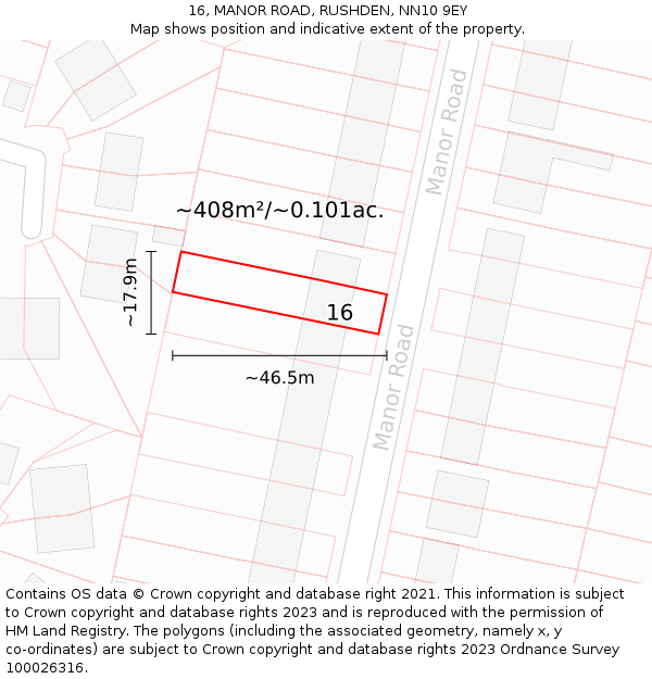 16, MANOR ROAD, RUSHDEN, NN10 9EY: Plot and title map