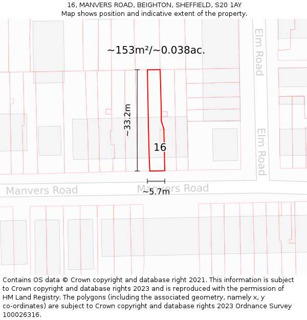 16, MANVERS ROAD, BEIGHTON, SHEFFIELD, S20 1AY: Plot and title map