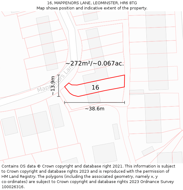 16, MAPPENORS LANE, LEOMINSTER, HR6 8TG: Plot and title map