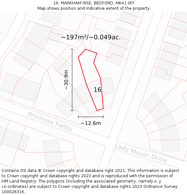 16, MARKHAM RISE, BEDFORD, MK41 0FF: Plot and title map