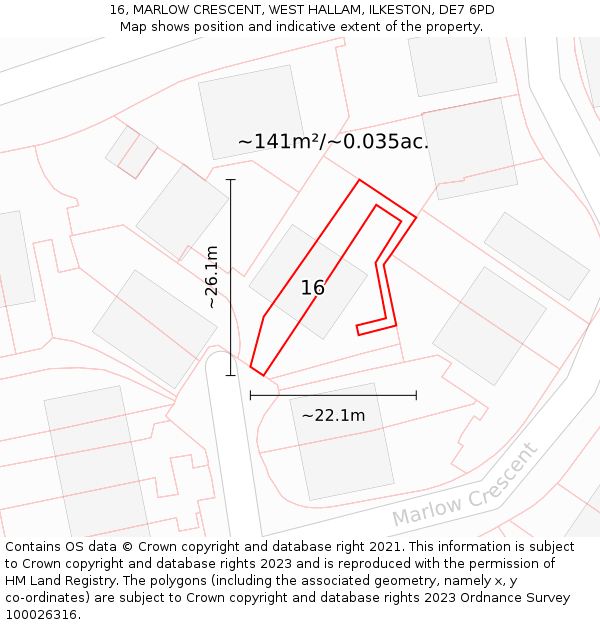 16, MARLOW CRESCENT, WEST HALLAM, ILKESTON, DE7 6PD: Plot and title map