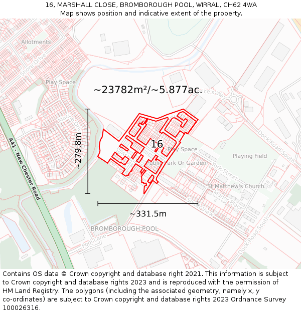 16, MARSHALL CLOSE, BROMBOROUGH POOL, WIRRAL, CH62 4WA: Plot and title map