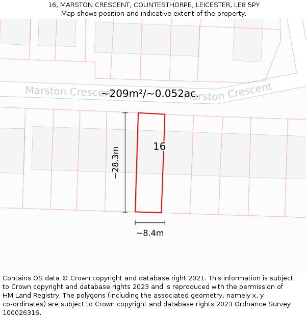 16, MARSTON CRESCENT, COUNTESTHORPE, LEICESTER, LE8 5PY: Plot and title map
