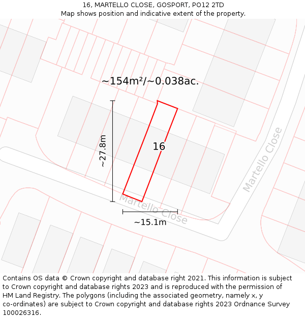 16, MARTELLO CLOSE, GOSPORT, PO12 2TD: Plot and title map