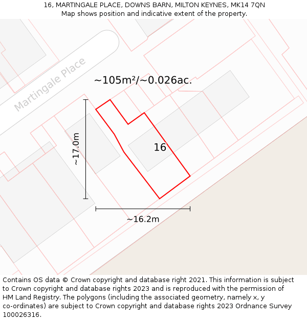 16, MARTINGALE PLACE, DOWNS BARN, MILTON KEYNES, MK14 7QN: Plot and title map