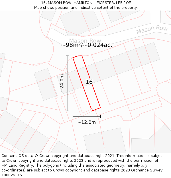 16, MASON ROW, HAMILTON, LEICESTER, LE5 1QE: Plot and title map