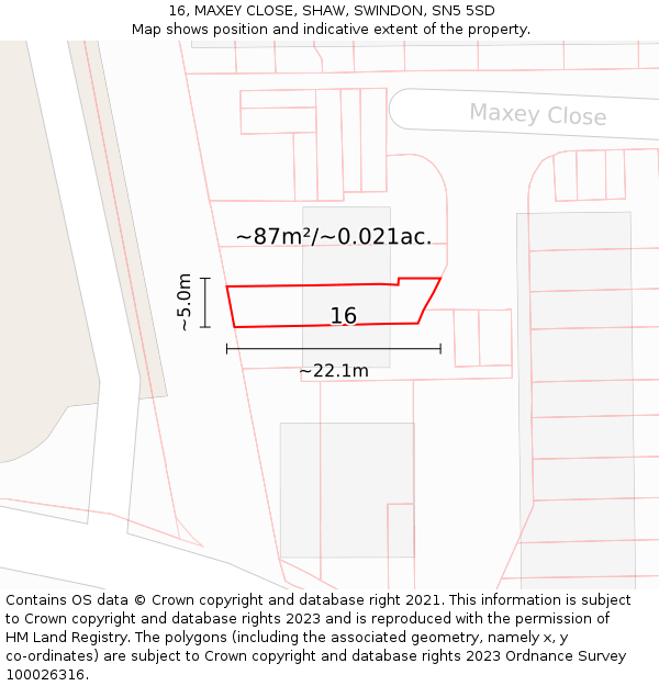 16, MAXEY CLOSE, SHAW, SWINDON, SN5 5SD: Plot and title map