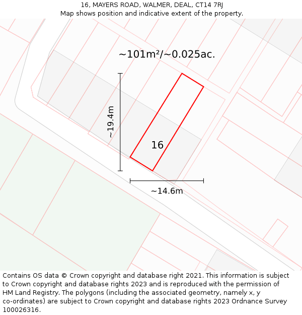 16, MAYERS ROAD, WALMER, DEAL, CT14 7RJ: Plot and title map