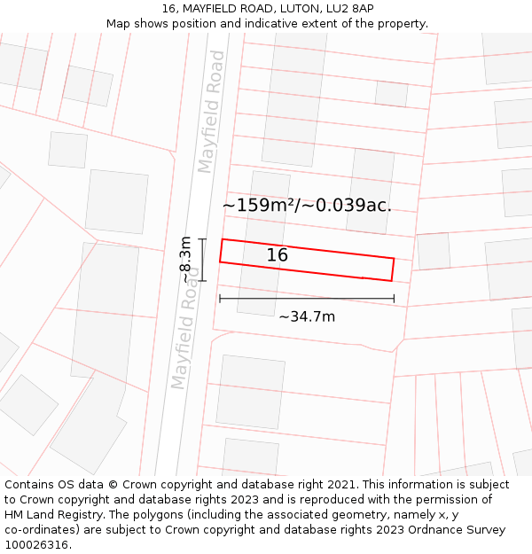 16, MAYFIELD ROAD, LUTON, LU2 8AP: Plot and title map
