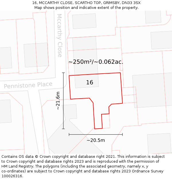 16, MCCARTHY CLOSE, SCARTHO TOP, GRIMSBY, DN33 3SX: Plot and title map