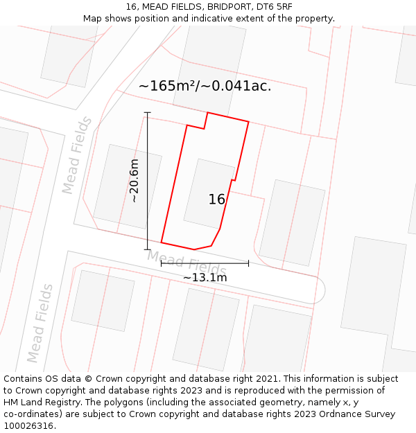 16, MEAD FIELDS, BRIDPORT, DT6 5RF: Plot and title map