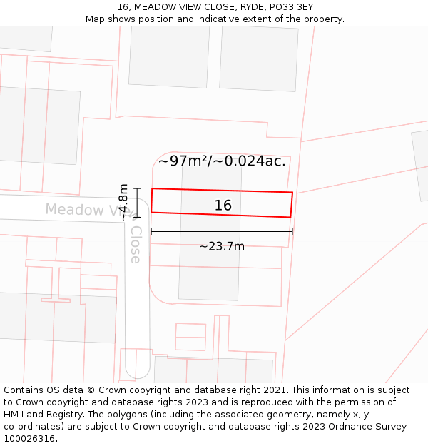 16, MEADOW VIEW CLOSE, RYDE, PO33 3EY: Plot and title map