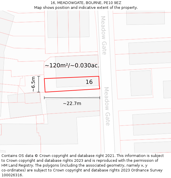 16, MEADOWGATE, BOURNE, PE10 9EZ: Plot and title map