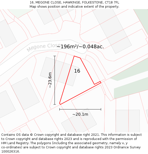 16, MEGONE CLOSE, HAWKINGE, FOLKESTONE, CT18 7FL: Plot and title map