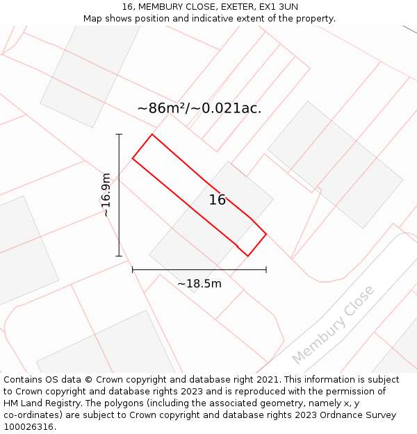 16, MEMBURY CLOSE, EXETER, EX1 3UN: Plot and title map