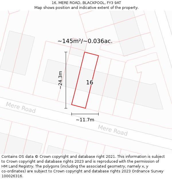 16, MERE ROAD, BLACKPOOL, FY3 9AT: Plot and title map