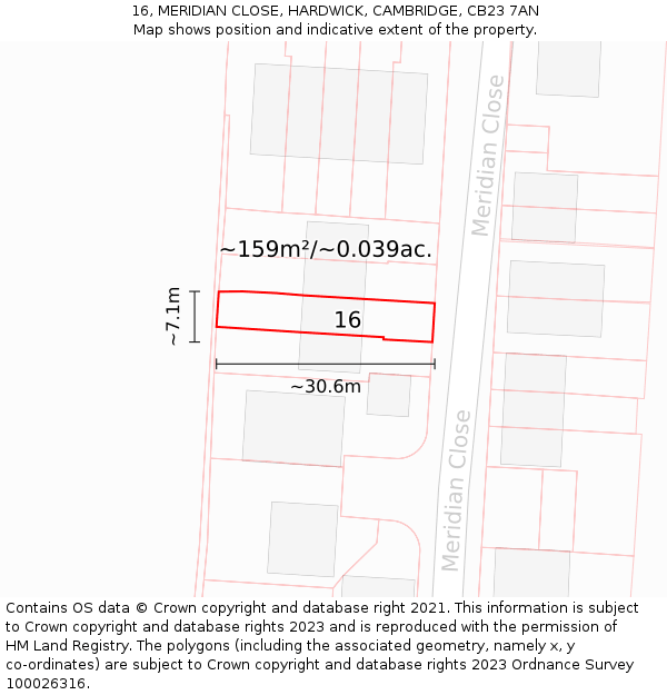 16, MERIDIAN CLOSE, HARDWICK, CAMBRIDGE, CB23 7AN: Plot and title map