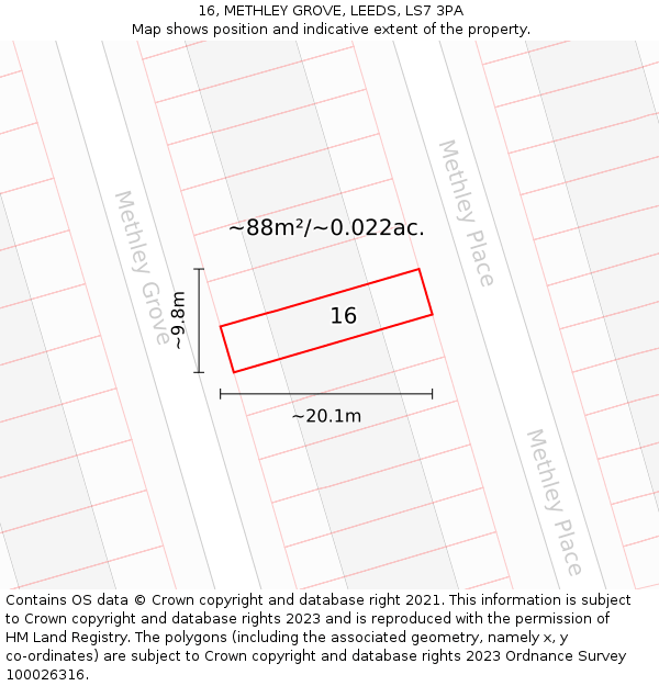 16, METHLEY GROVE, LEEDS, LS7 3PA: Plot and title map