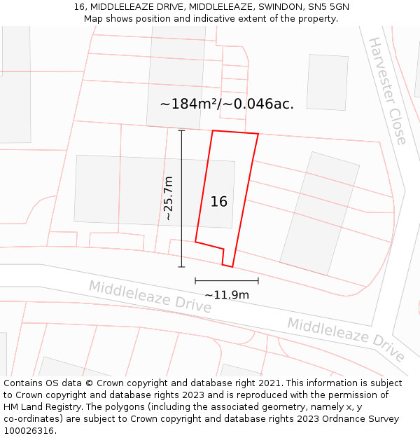 16, MIDDLELEAZE DRIVE, MIDDLELEAZE, SWINDON, SN5 5GN: Plot and title map