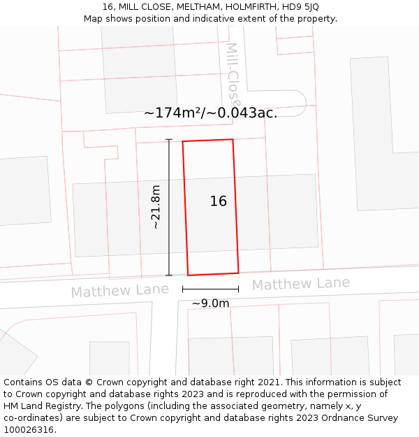 16, MILL CLOSE, MELTHAM, HOLMFIRTH, HD9 5JQ: Plot and title map