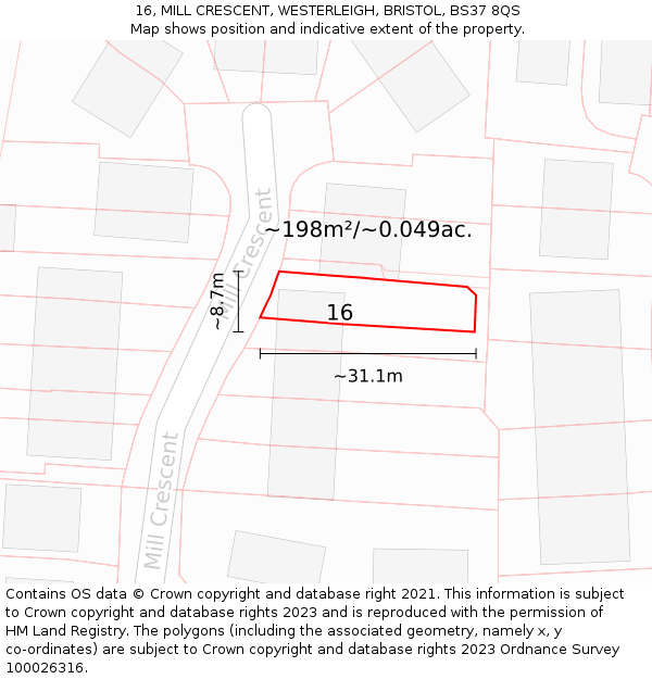 16, MILL CRESCENT, WESTERLEIGH, BRISTOL, BS37 8QS: Plot and title map