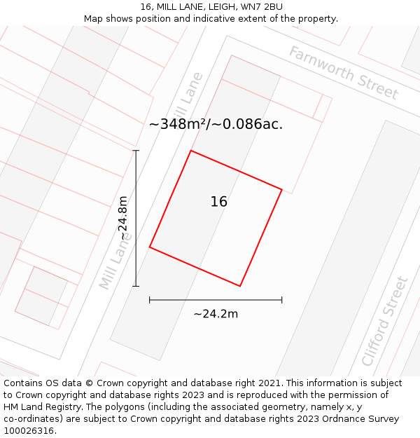 16, MILL LANE, LEIGH, WN7 2BU: Plot and title map